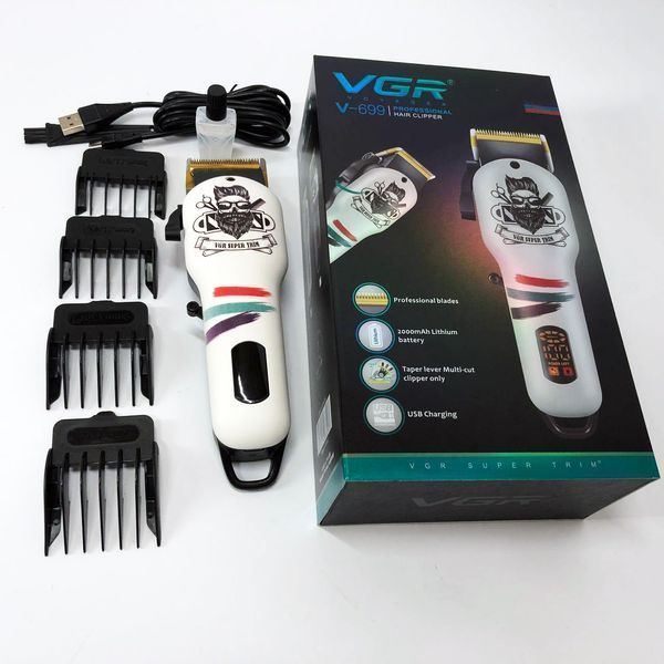 Машинка для стрижки волос и бороды профессиональная VGR V-699 с насадками и LED дисплеем. Цвет: белый ws79124 фото