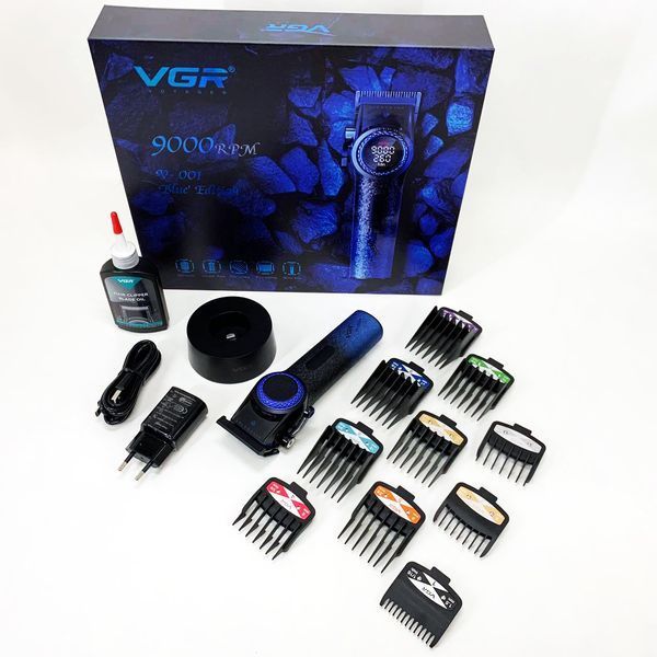 Професійна машинка для стрижки волосся VGR V-001 BLUE з дисплеєм 9000 об/хв та 10 насадками 1,5-24 мм ws74577-1 фото